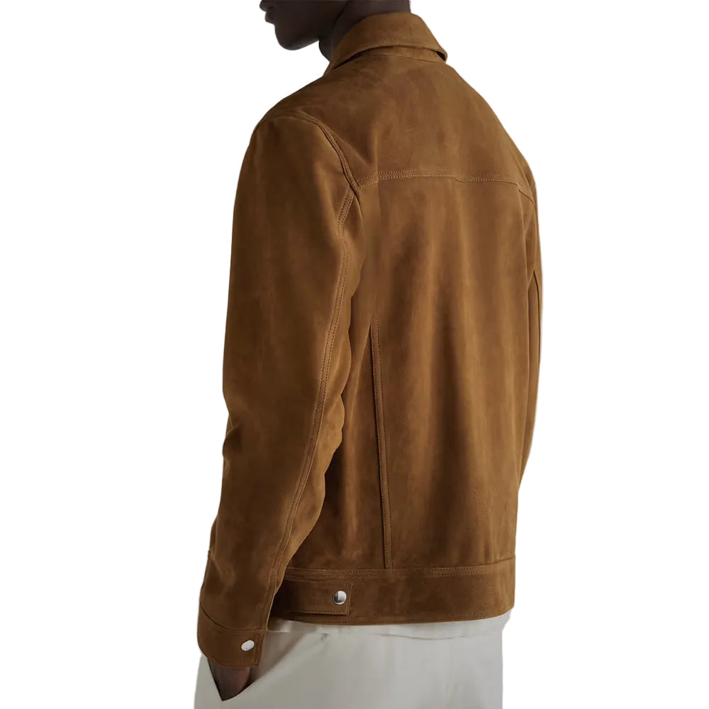 men's brown leather trucker jacket adler detail close up