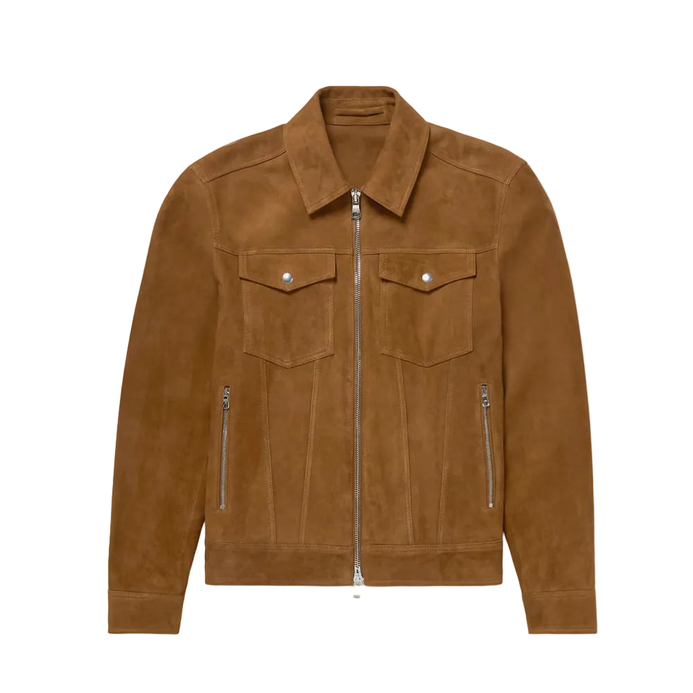 men's brown leather trucker jacket adler front view