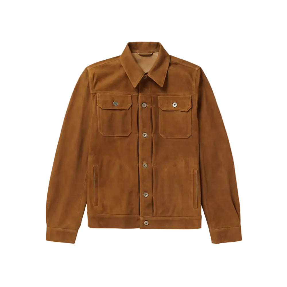men's brown leather trucker jacket cassian front view