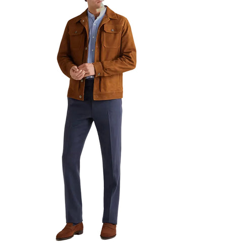 men's brown leather trucker jacket cassian back view