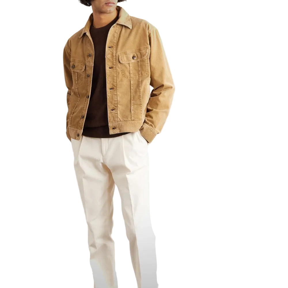 men's brown leather trucker jacket conrad side angle