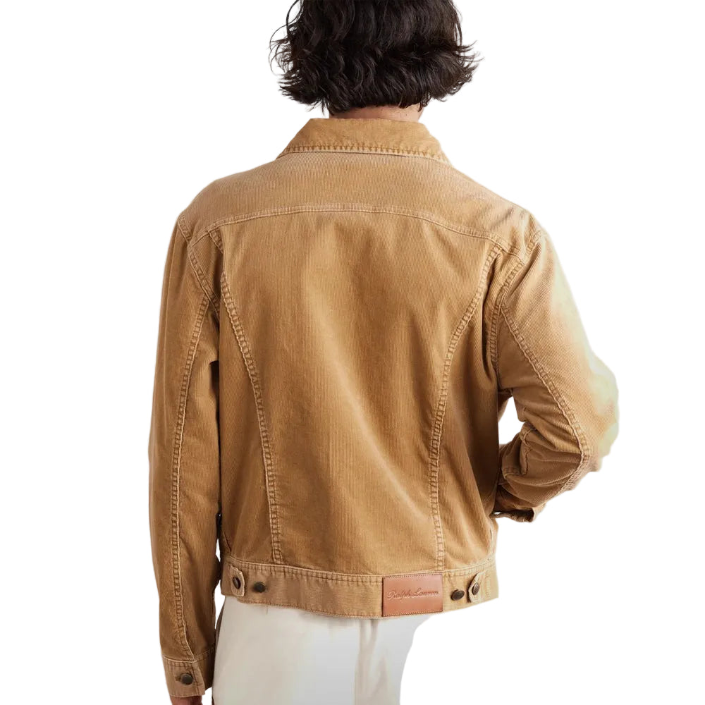 men's brown leather trucker jacket conrad back view