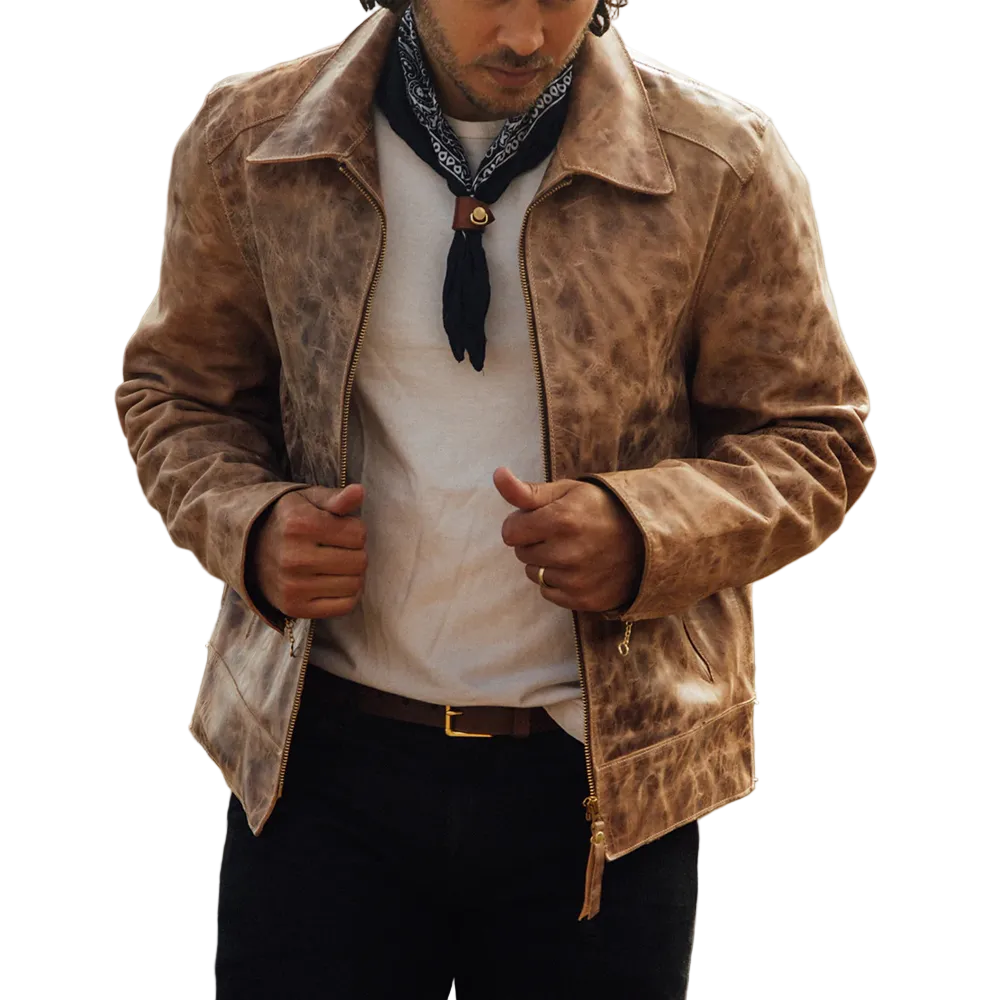 Mens Brown Vintage Distressed Real Leather Two Pocket Jacket