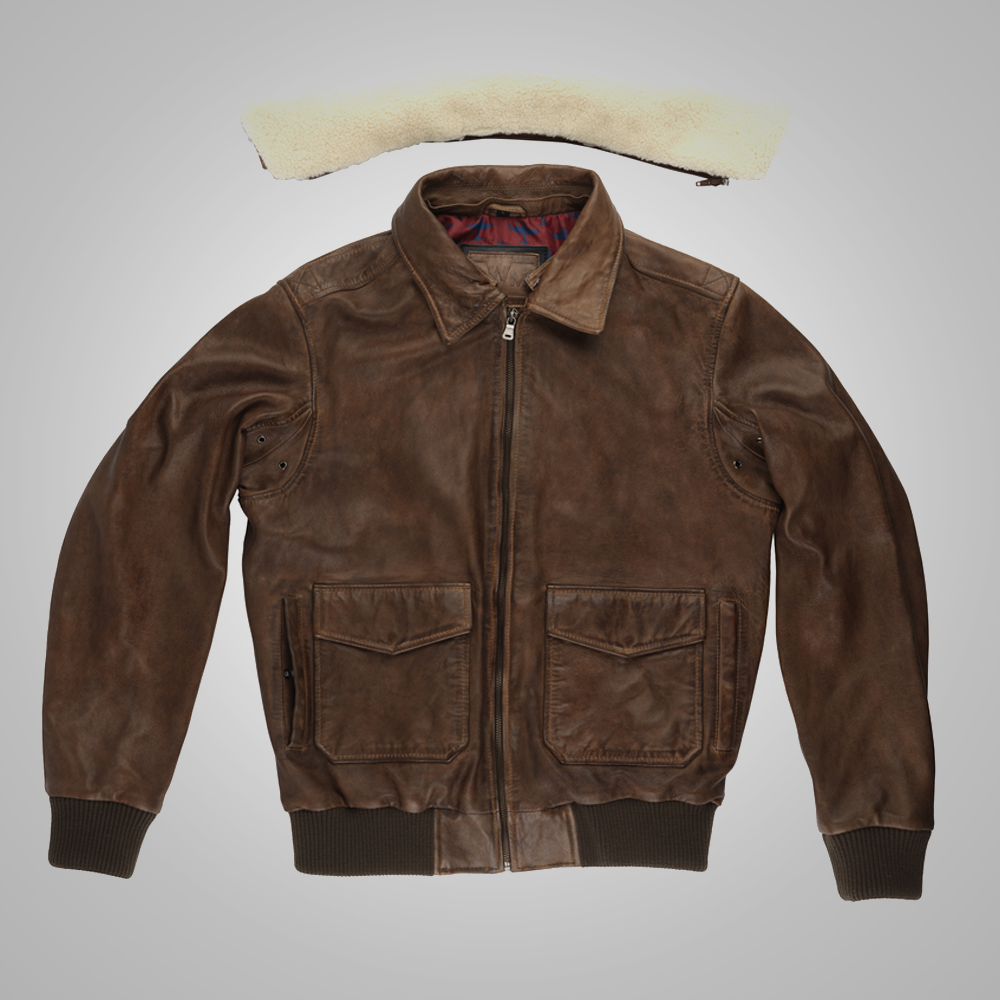 Mens Brown Waxed Sheepskin Aviator Leather Flight Jacket