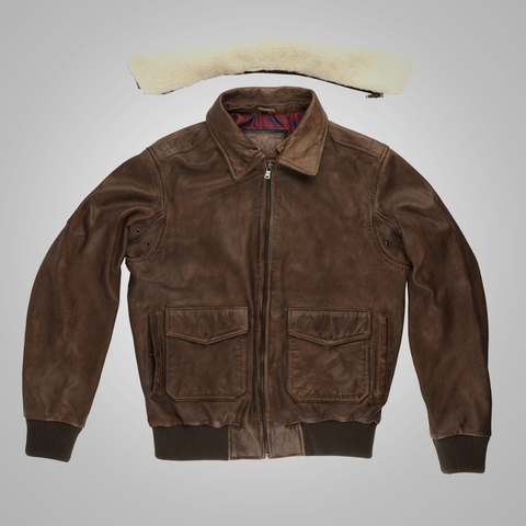 Mens Brown Waxed Sheepskin Aviator Leather Flight Jacket