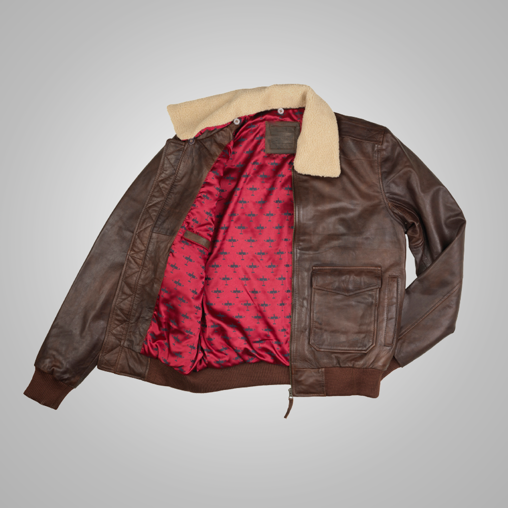Mens Brown Waxed Sheepskin Aviator Leather Flight Jacket