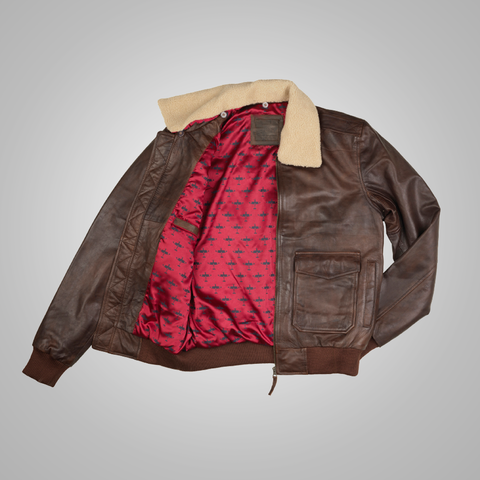 Mens Brown Waxed Sheepskin Aviator Leather Flight Jacket
