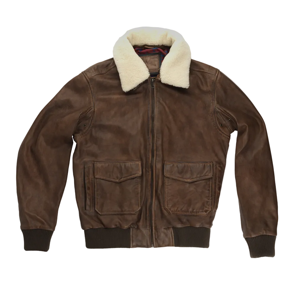Mens Brown Waxed Sheepskin Aviator Leather Flight Jacket