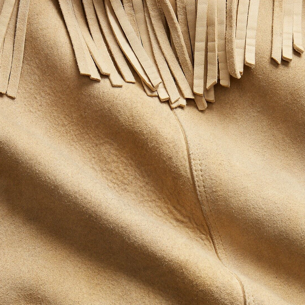 men's brown fringe suede leather jacket ronan detail close up