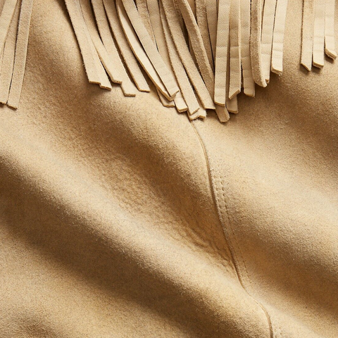 men's brown fringe suede leather jacket ronan detail close up