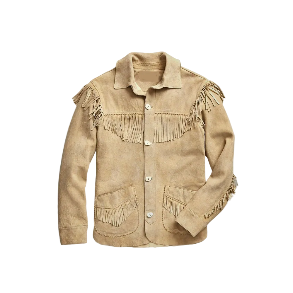 men's brown fringe suede leather jacket ronan front view