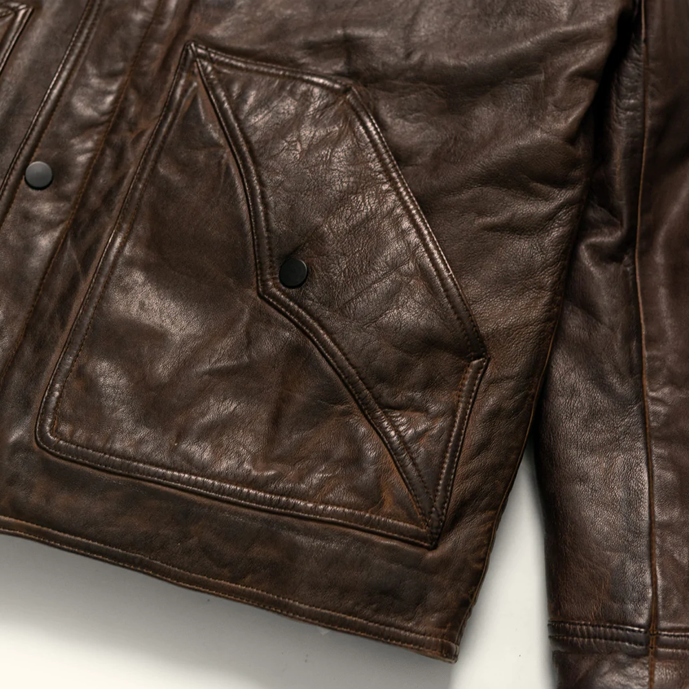 men's chocolate brown suede leather jacket cassian detail close up