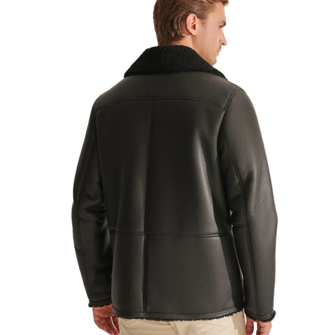 Mens Classic Black Flying Sheepskin Shearling Long Aviator Leather Jacket Coat