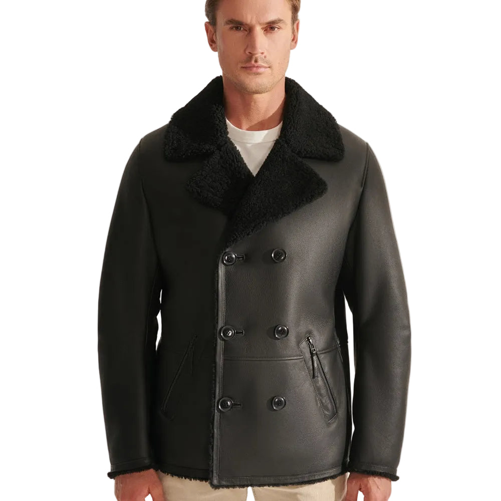 Mens Classic Black Flying Sheepskin Shearling Long Aviator Leather Jacket Coat