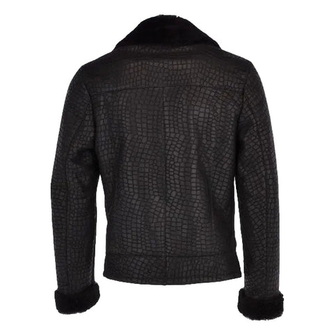 Mens Crocodile Print Sheepskin Coat Black : Theon