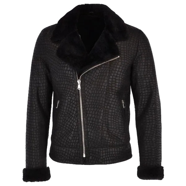 Mens Crocodile Print Sheepskin Coat Black : Theon