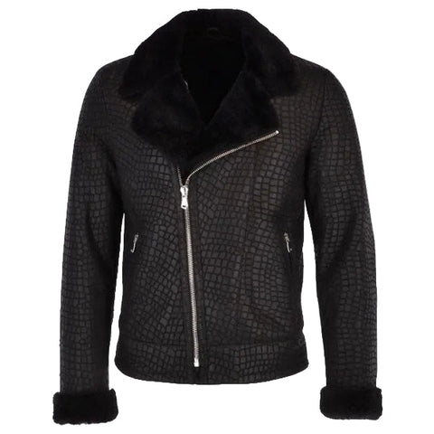 Mens Crocodile Print Sheepskin Coat Black : Theon
