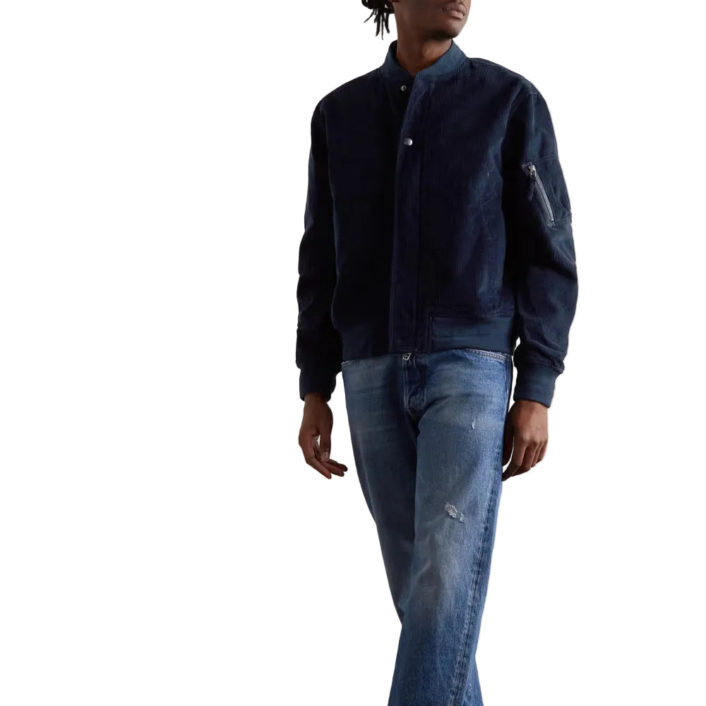 men's dark blue leather bomber jacket marek back view