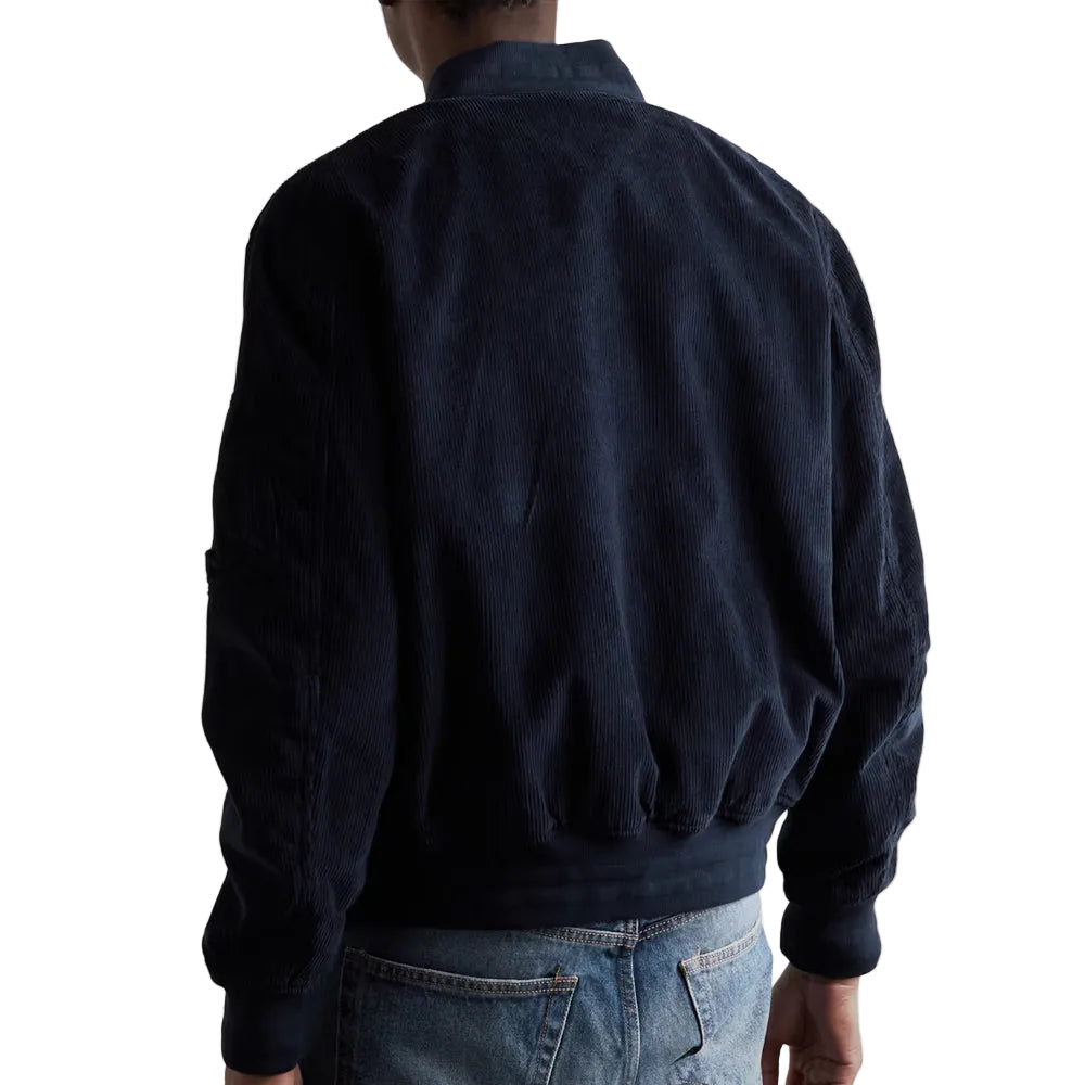 men's dark blue leather bomber jacket marek detail close up
