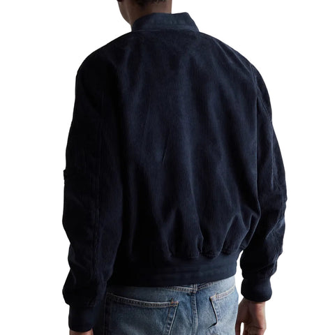 men's dark blue leather bomber jacket marek detail close up