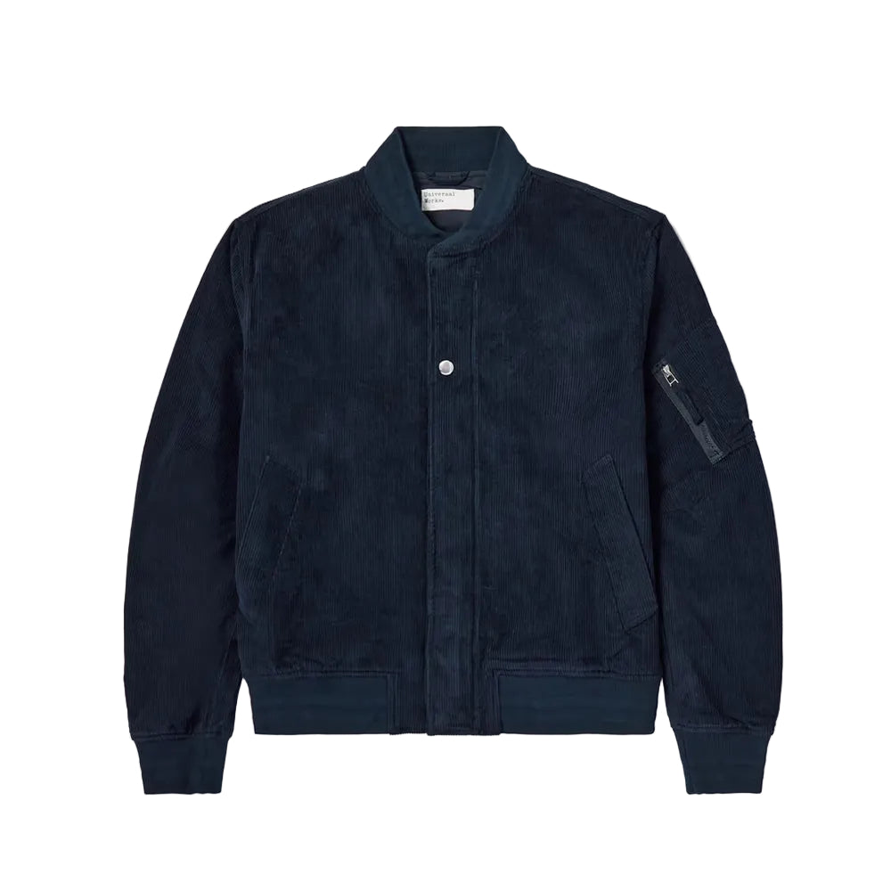 men's dark blue leather bomber jacket marek front view
