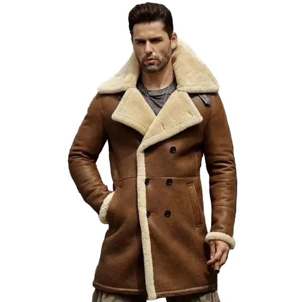 Mens Flight Sheepskin Shearling Aviator Leather Trench Coat