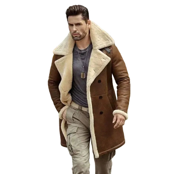Mens Flight Sheepskin Shearling Aviator Leather Trench Coat