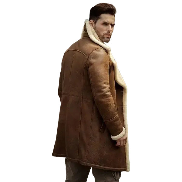 Mens Flight Sheepskin Shearling Aviator Leather Trench Coat