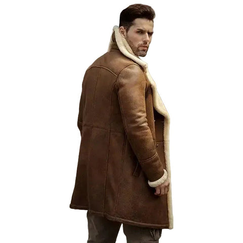 Mens Flight Sheepskin Shearling Aviator Leather Trench Coat