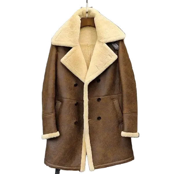 Mens Flight Sheepskin Shearling Aviator Leather Trench Coat