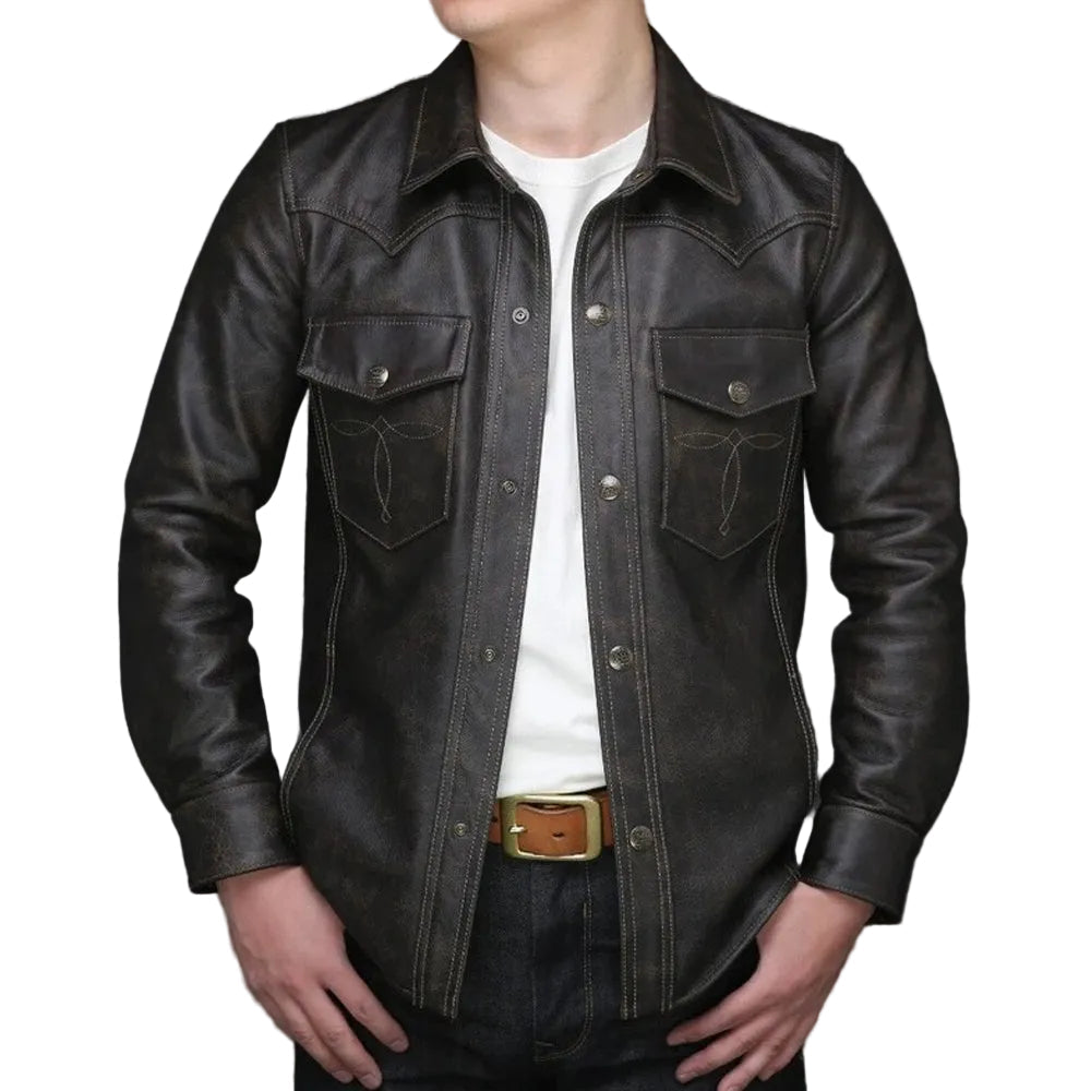 men's black leather shirt evren back view