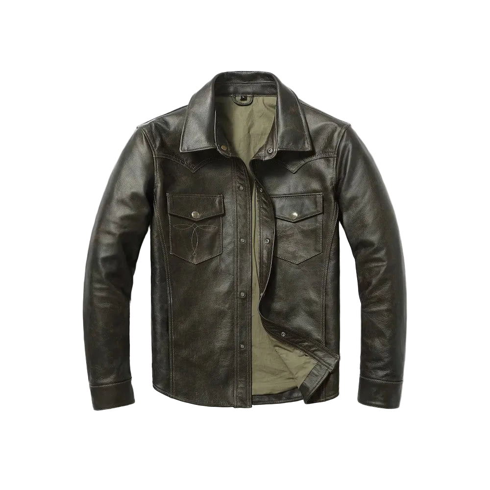 men's black leather shirt evren front view