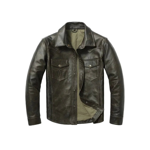 men's black leather shirt evren front view