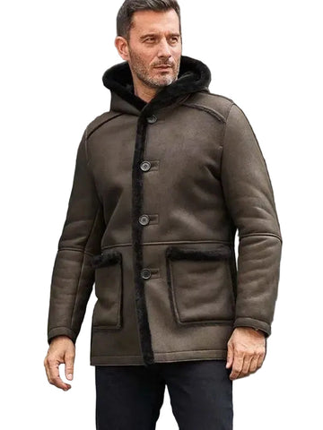 Mens Fur Coat Green Leather Overcoat Hooded Wool Parkas Warmest Winter Outwear