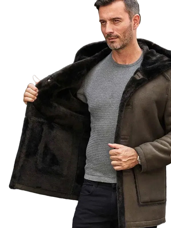 Mens Fur Coat Green Leather Overcoat Hooded Wool Parkas Warmest Winter Outwear