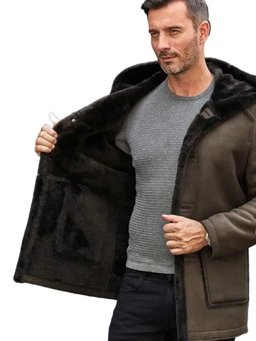 Mens Fur Coat Green Leather Overcoat Hooded Wool Parkas Warmest Winter Outwear