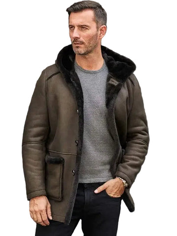 Mens Fur Coat Green Leather Overcoat Hooded Wool Parkas Warmest Winter Outwear