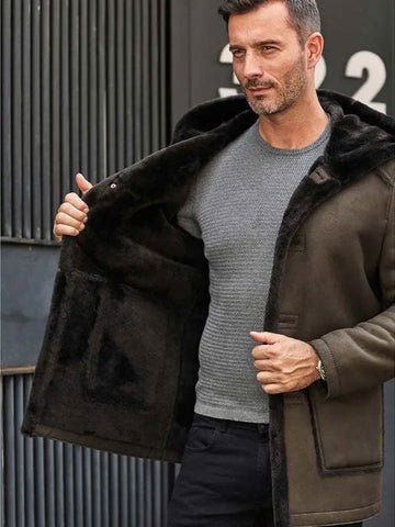 Mens Fur Coat Green Leather Overcoat Hooded Wool Parkas Warmest Winter Outwear