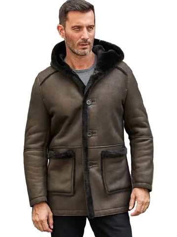 Mens Fur Coat Green Leather Overcoat Hooded Wool Parkas Warmest Winter Outwear