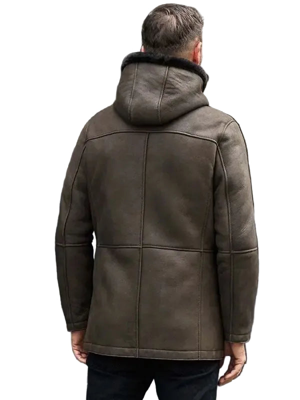 Mens Fur Coat Green Leather Overcoat Hooded Wool Parkas Warmest Winter Outwear