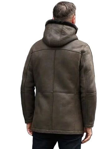 Mens Fur Coat Green Leather Overcoat Hooded Wool Parkas Warmest Winter Outwear
