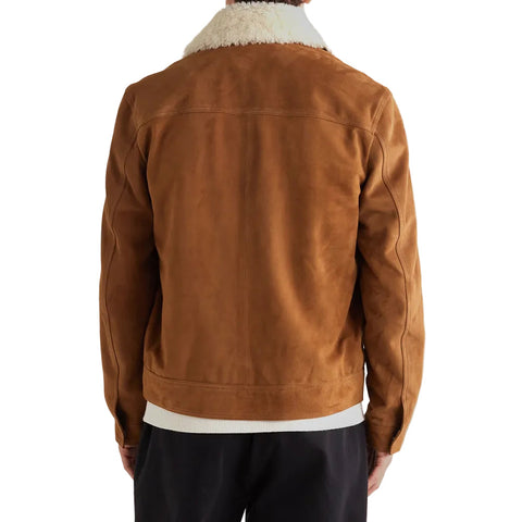 Mens Fur Collar Brown Suede Leather Trucker Jacket