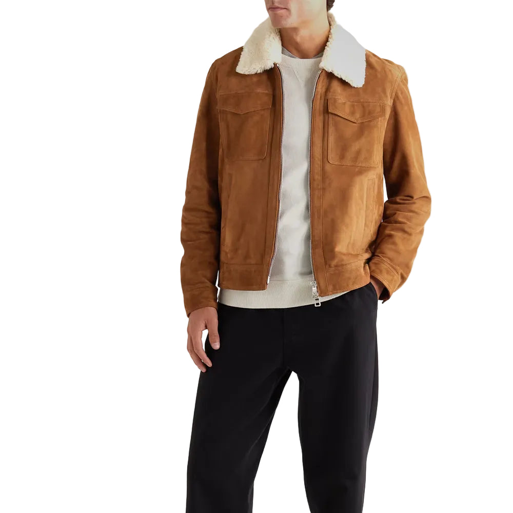 Mens Fur Collar Brown Suede Leather Trucker Jacket