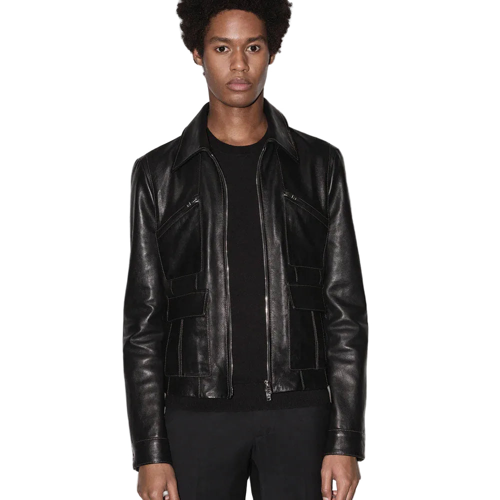 Mens Genuine Black Sheepskin Trucker Leather Jacket