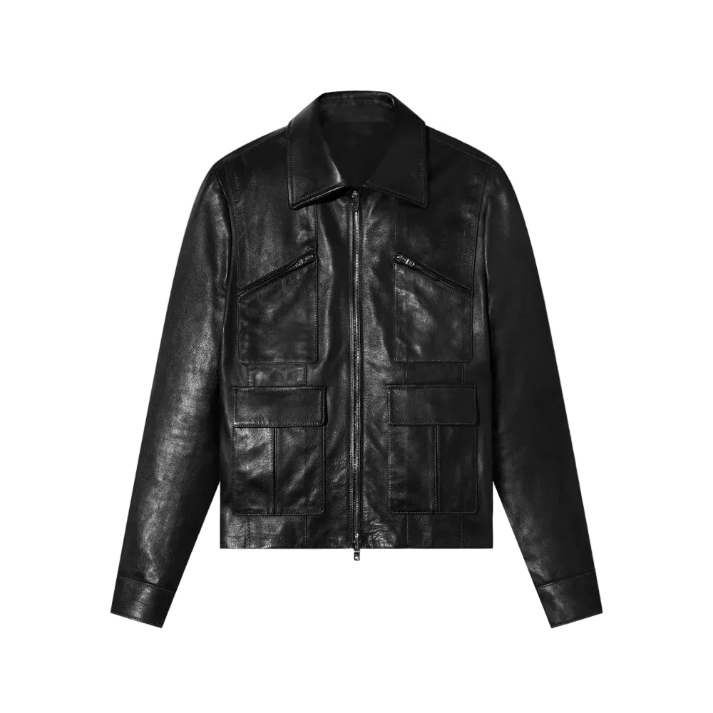 Mens Genuine Black Sheepskin Trucker Leather Jacket