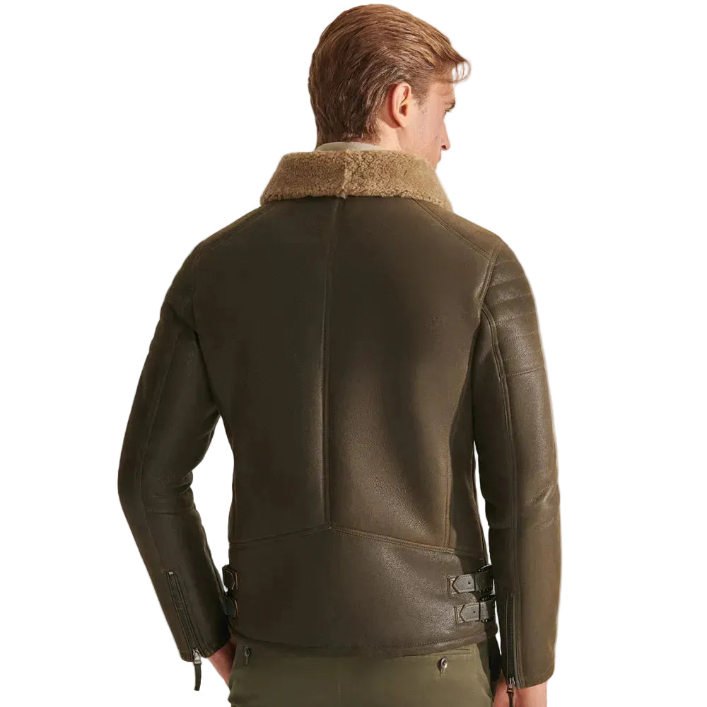 Mens Green RAF Shearling Airforce Sheepskin Aviator Leather Jacket