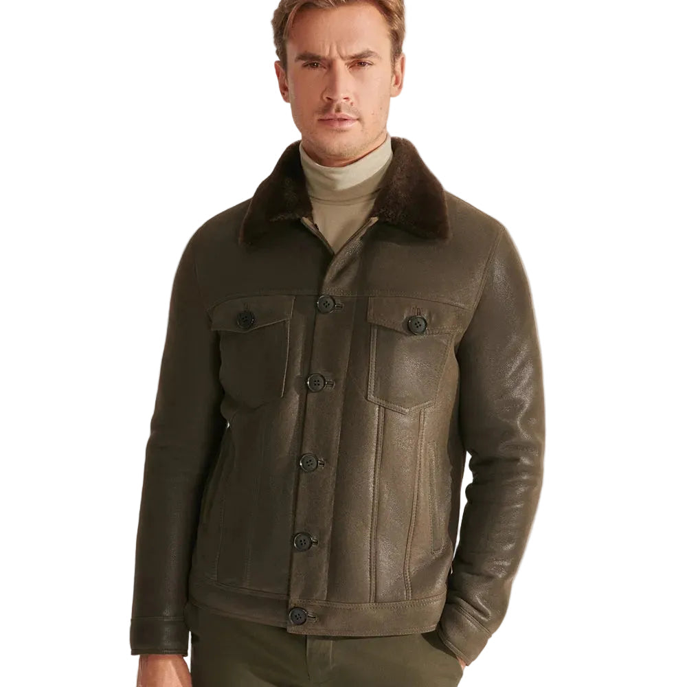 Mens Green Sheepskin Shearling Leather Trucker Aviator Jacket