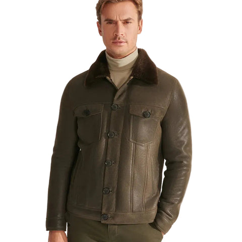 Mens Green Sheepskin Shearling Leather Trucker Aviator Jacket