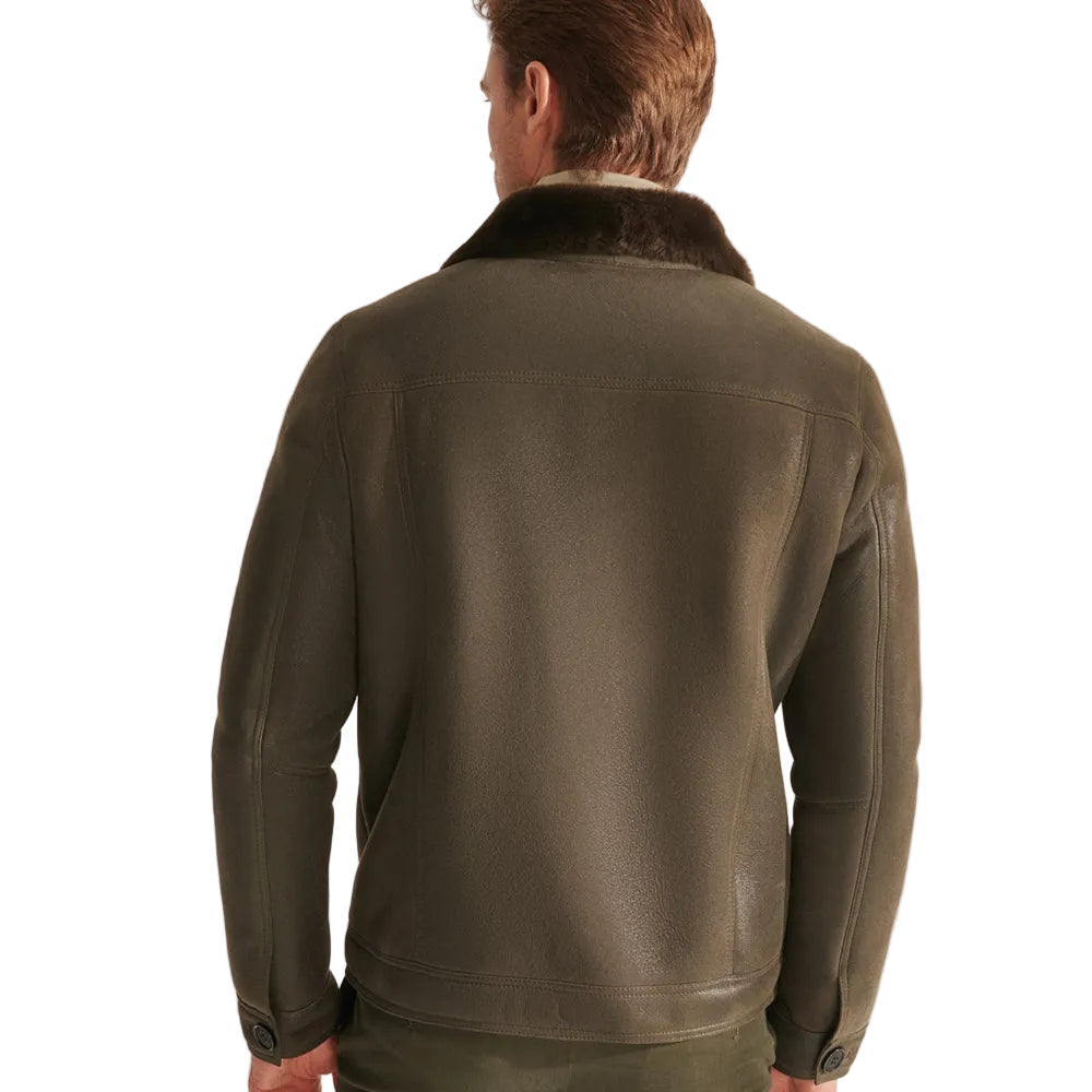 Mens Green Sheepskin Shearling Leather Trucker Aviator Jacket