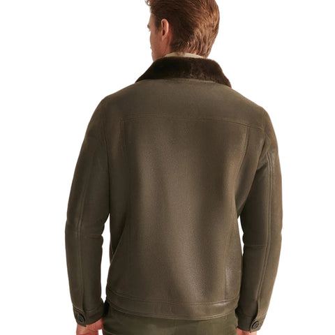 Mens Green Sheepskin Shearling Leather Trucker Aviator Jacket
